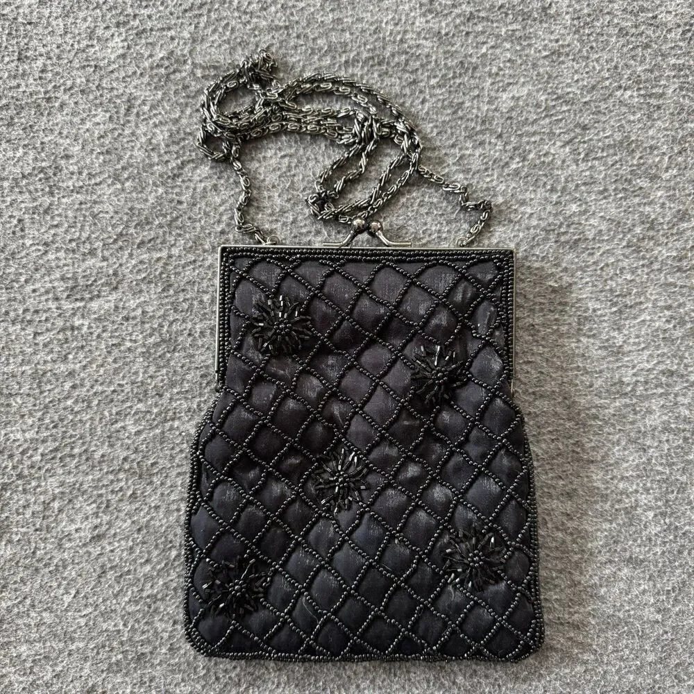 Hillard and Hanson Beaded Purse Small Bag Black Body Vintage 5x7” - Picture 1 of 6